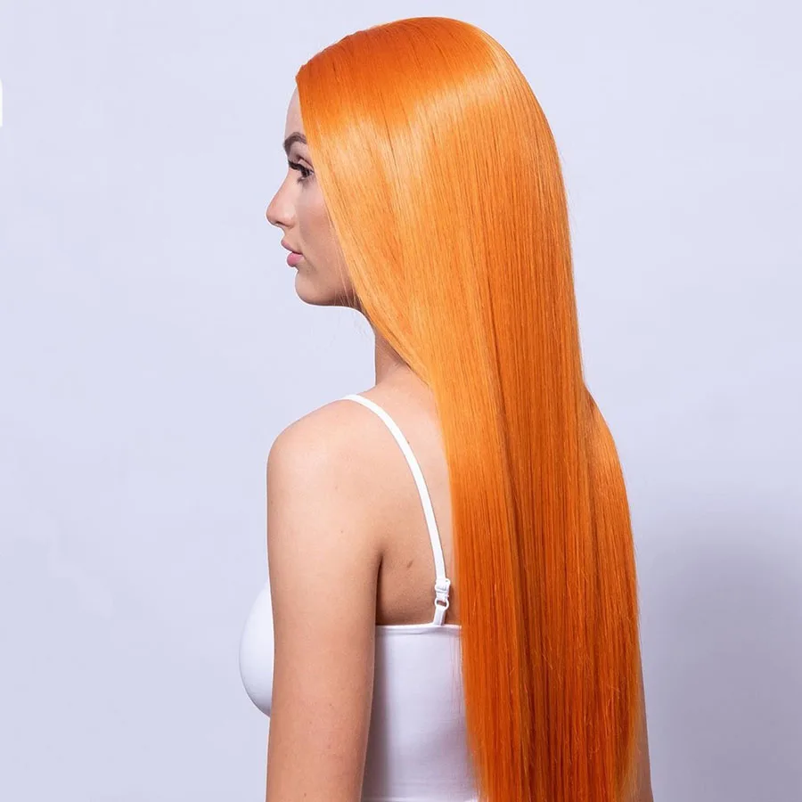 Мода Оранжевый блонд длинные прямые синтетические передние кружевные парики для женщин 26in свободные части натуральные парики из волос для вечерние