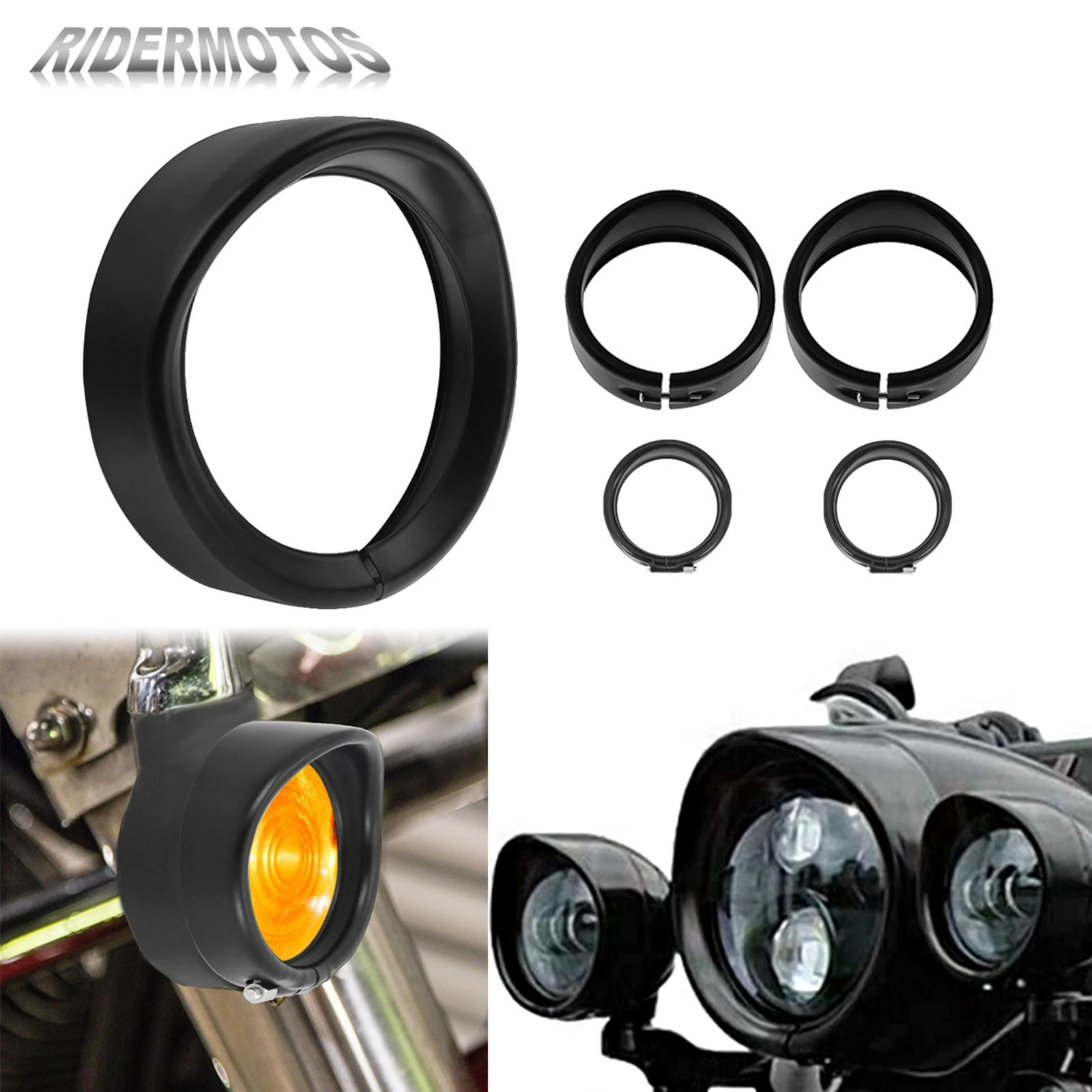 Motorcycle Black 7" Headlight Trim Ring 4.5" Passing Lights Visor Style