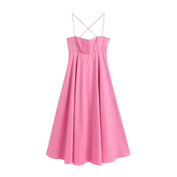 

Women Sweet Pink Midi Dress Stylish Backless Side Zipper Spaghetti Strap Female Sundress Fashion Female Beach Vestidos