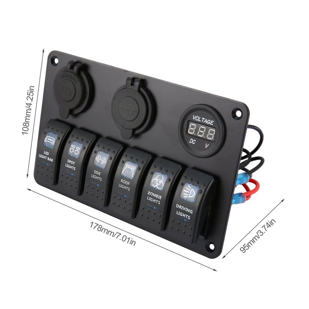 6 Gang Waterproof RV Car Marine Boat Circuit Breaker LED Rocker Switch Panel Dual USB Charger Cigarette Socket