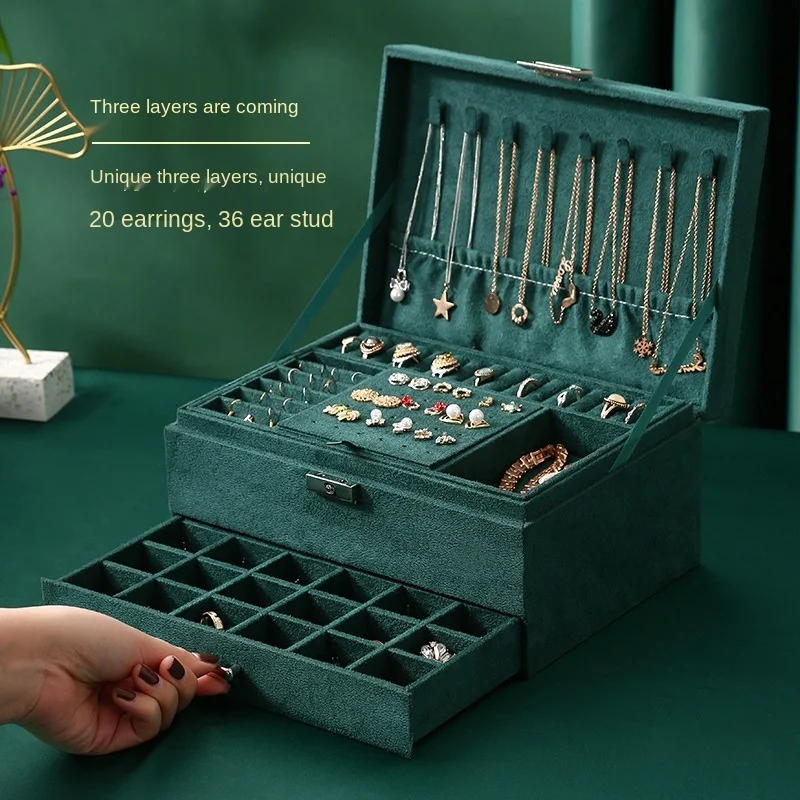 

Three-layer cross mirror latest ladies flannel jewelry box earrings ring necklace jewelry storage box dark green