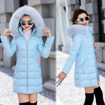 

Women Winter Faux Fur Collar Hooded Coats New Cotton Warm Long Sleeve Slim Long Parkas Solid Plus Size 3Xl Jackets Outwear