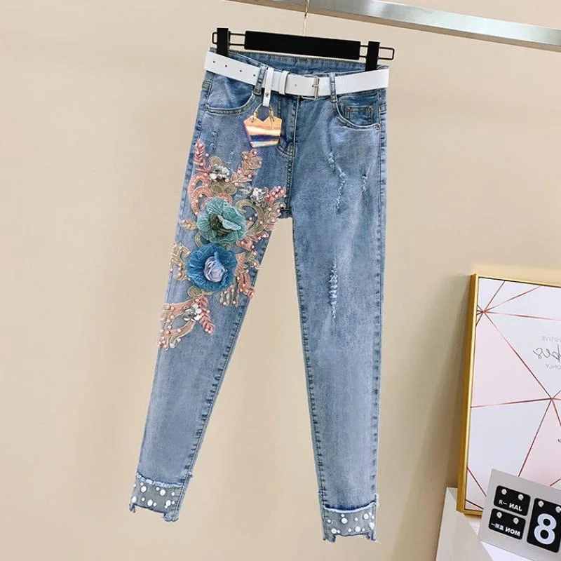 two piece skirt set Spring Women Two Piece Outfits Loose Love sequin short sleeve T Shirt + Holes Denim Pants Female T Shirt Sets Suit lounge wear sets