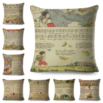 

Vintage Children Music Cushion Cover Decor Pillow Case for Sofa Home Chair Cartoon Newspaper Staves Linen Pillowcase 45x45cm