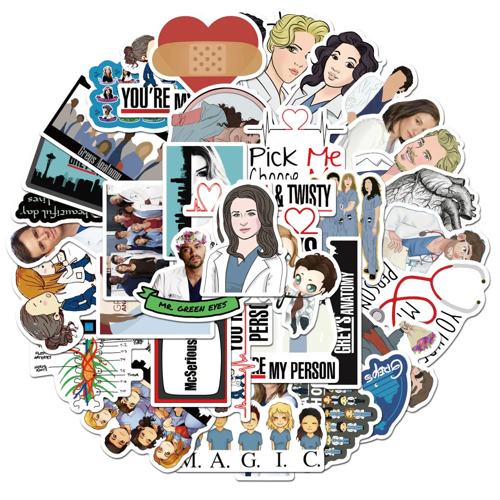 

50Pcs TV Show Greys Anatomy Cartoon Sticker Waterproof PVC Scrapbooking Luggage Laptop Skateboard Funny Sticker Kids Toys