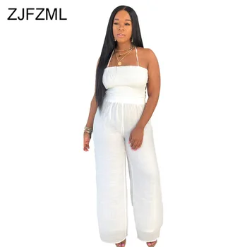 

Off The Shoulder Sexy Beach Jumpsuits For Women Halter Backless Wide Leg Bodysuits Summer Female Sleeveless Full Length Romper