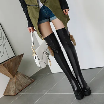 

INS Women over-the-knee boots plus size 22-28cm platform long boots Fashion pu leather black boots white boots Motorcycle boots