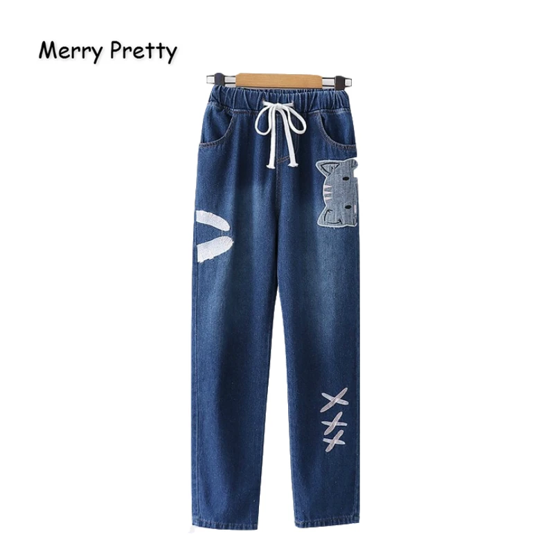 Merry Pretty Women Jeans Pants Cartoon Cat Embroidery Pockets Denim ...