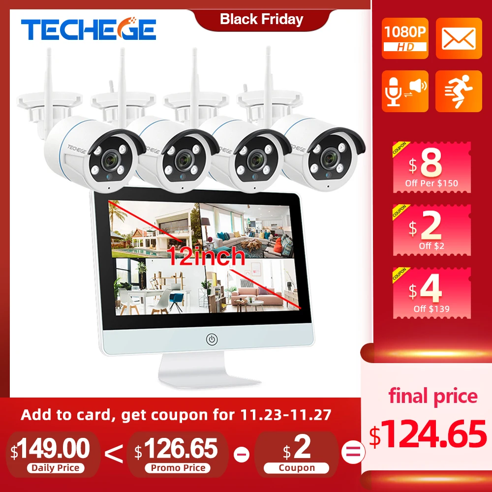 

Techege 4CH Wireless 1080P NVR Kit HD 960P Wireless 11" LCD Monitor 4CH wifi NVR Security 1.3MP WIFI camera IR Camera System