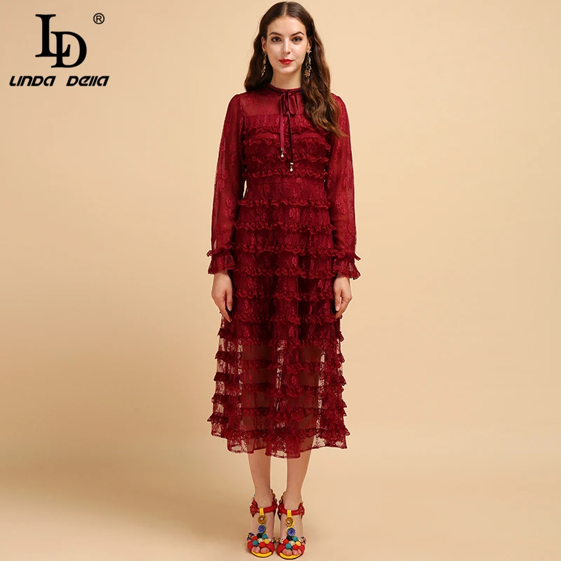 LD LINDA DELLA Fashion Runway Zomer Herfst Kant Lange Maxi Jurk vrouwen Strik Mesh Casual Holiday Effen Kleur Cupcake jurken LD LINDA DELLA Fashion Runway Zomer Herfst Kant Lange Maxi Jurk vrouwen Strik Mesh Casual Holiday Effen Kleur Cupcake jurken