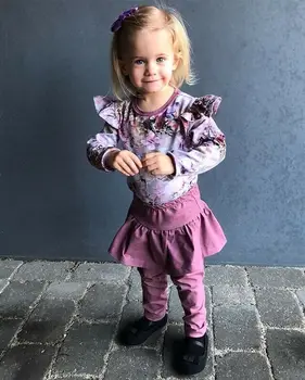 

Newborn Baby Girl Clothes Ruffle Long Sleeve Crew-neck Purple Floral Print Romper Tops Solid Culotte Cotton Soft Outfit Set