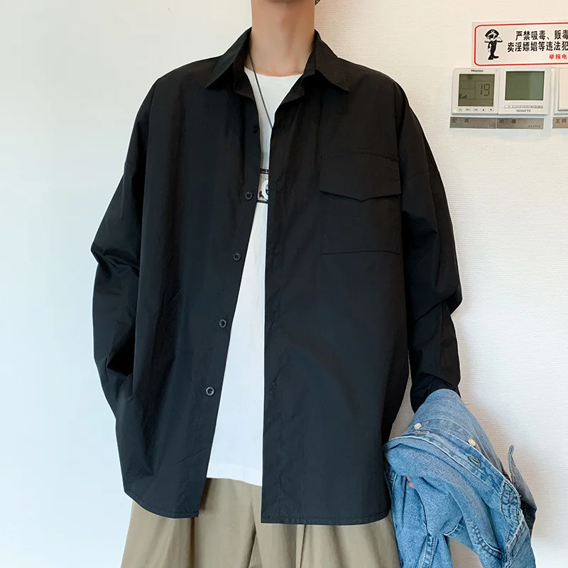 Spring Cotton Shirt Men s Fashion Streetwear Wild Loose Long sleeved Shirts Mens Solid Color Business 3