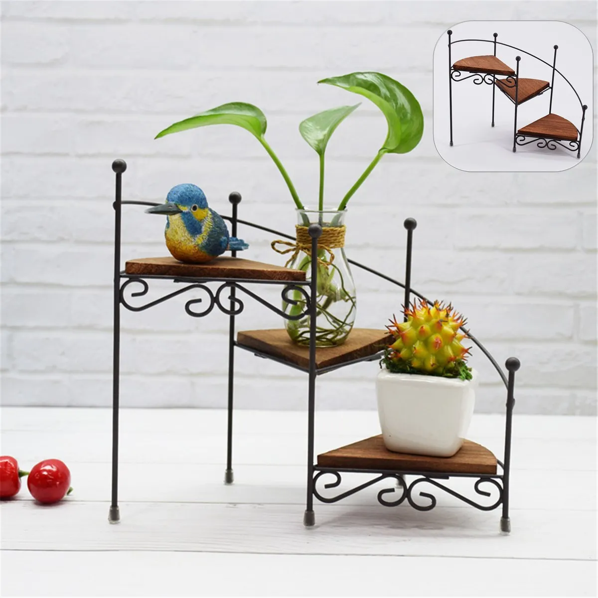 

3-Layer Retro Iron Plant Rack Stand Plant Succulent Shelf Staircase Desktop Garden Flower Stand with Wood Plate Home Decorative