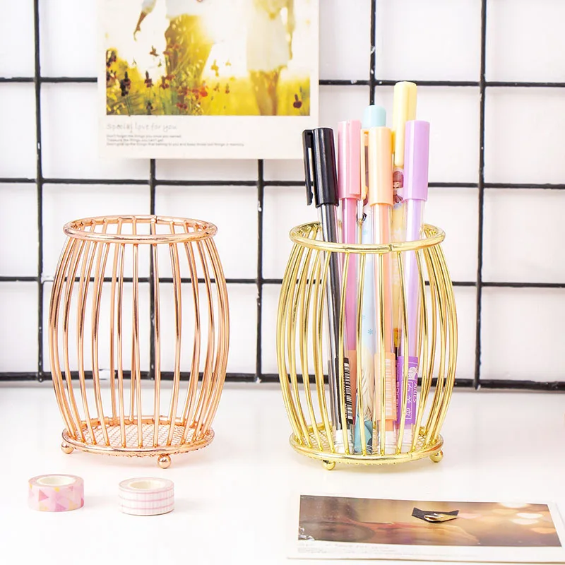 Rose Gold/Gold Wire Metal Pencil Holder Cup Pen Pot Drum Shape Makeup Brush Holders for Office Home Porte-crayons Portamatite BD | Дом и сад