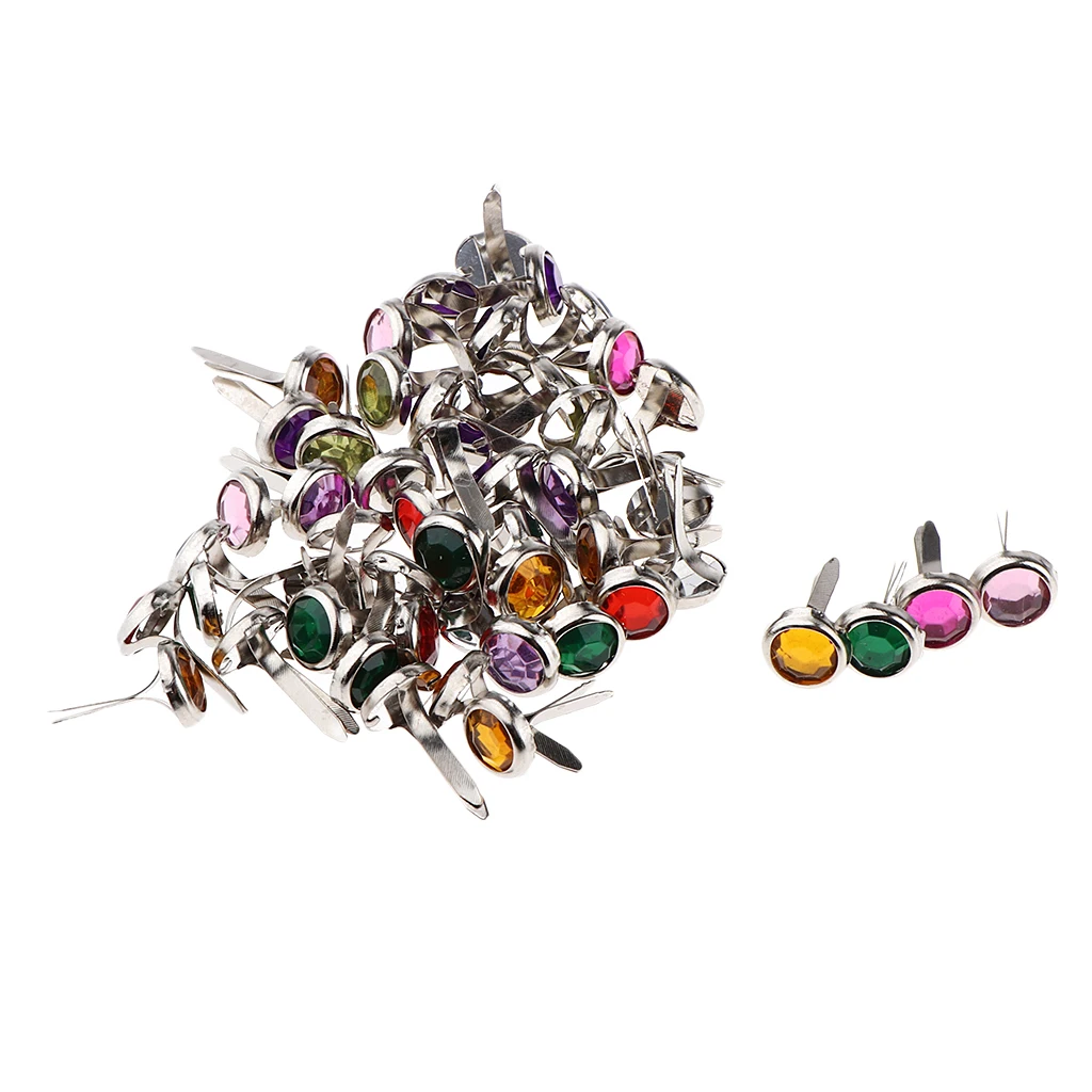 50x Metal Round Rhinestone Head Brads Paper Fastener for Card Making Craft