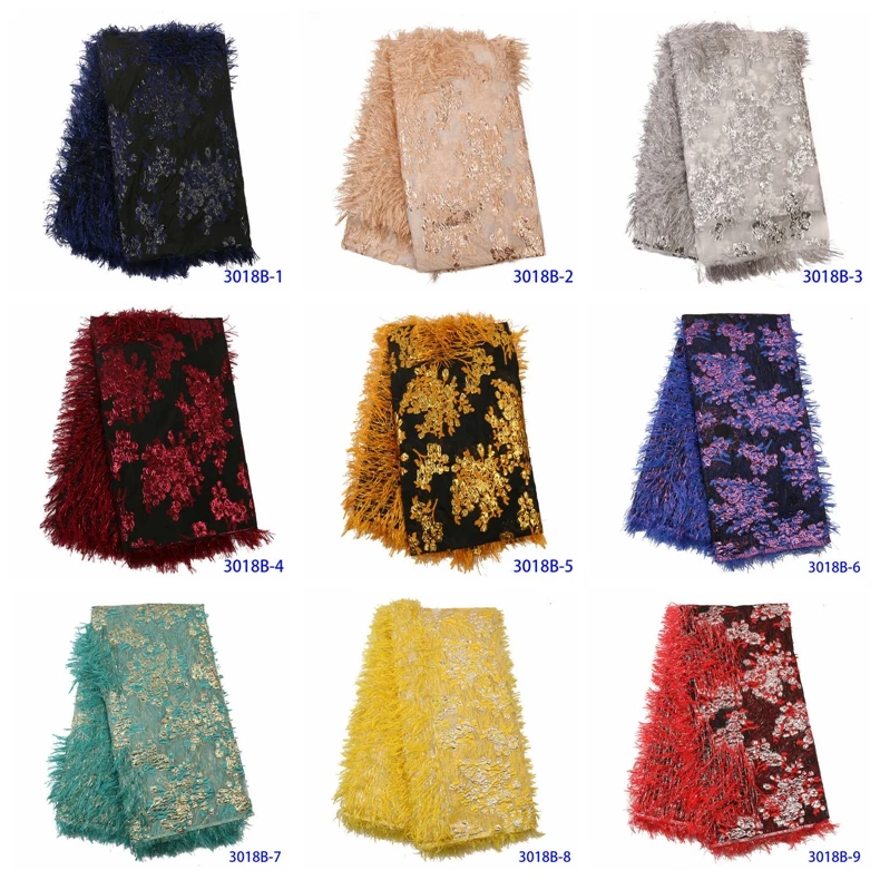 2020 Latest New Arrivals Africa Nigerian French Ankara Jacquard Brocade Tulle Mesh Brode Lace Fabric with Feather for Wedding