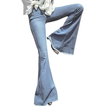 

Women Fashion Wide Leg Flared Jeans Denim Comfortable Loose Jeans Zipper Pocket Trousers