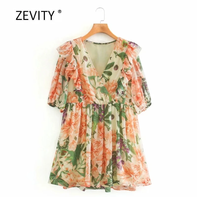 New Women vintage cross v neck flower print ruffles mini dress female puff sleeve casual slim vestido chic kimono Dresses DS4123 New Women vintage cross v neck flower print ruffles mini dress female puff sleeve casual slim vestido chic kimono Dresses DS4123