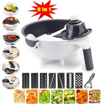 

9 In 1 Vegetable Cutter with Drain Basket Multifunction Magic Rotate Portable Slicer Chopper Grater Shredder Kitchen Tool Gadget