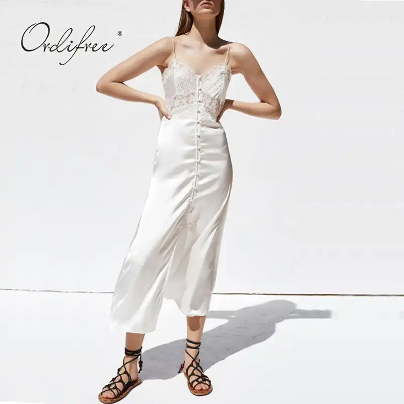 white silk spaghetti strap dress