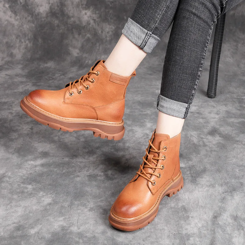 

Women Leather Martin Boots Black Casual Shoes Women Winter Ankle Boots Wedge Shoe Low Heel Handmade Genuine Leather Knight Boots