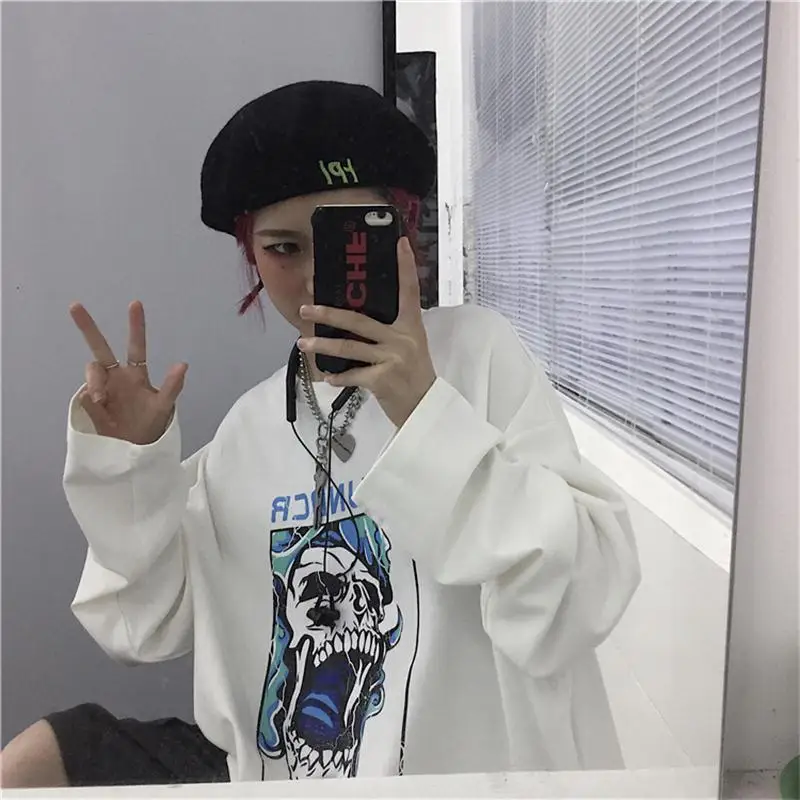 InsGoth/черные футболки Осенняя Harajuku свободная уличная Готическая панковская Футболка Топ с принтом черепа и длинным рукавом Женские панковские Длинные Топы