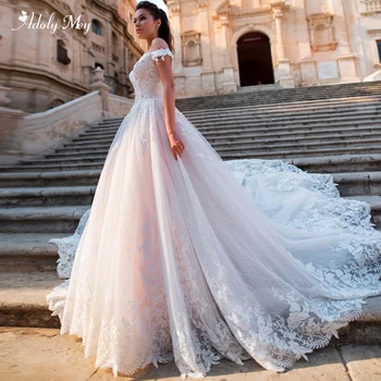 

Adoly Mey Glamorous Appliques Lace Court Train A-Line Wedding Dresses 2020 Luxury Boat Neck Beaded Princess Bride Gown Plus Size