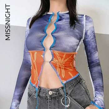

Missnight Sexy E-girl T-shirt Tie Dyed Women Y2k Top Long Sleeve Color Patchwork Cardigan Hollow Slim Autumn Streetwear Clubwear