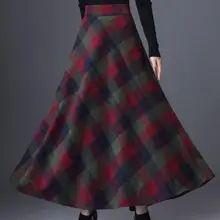Клетчатая юбка Женская длинная трапециевидная юбка британский стиль шерстяная клетчатая юбка s Зимняя винтажная Шерстяная Смесь зонтик длинные трапециевидные юбки