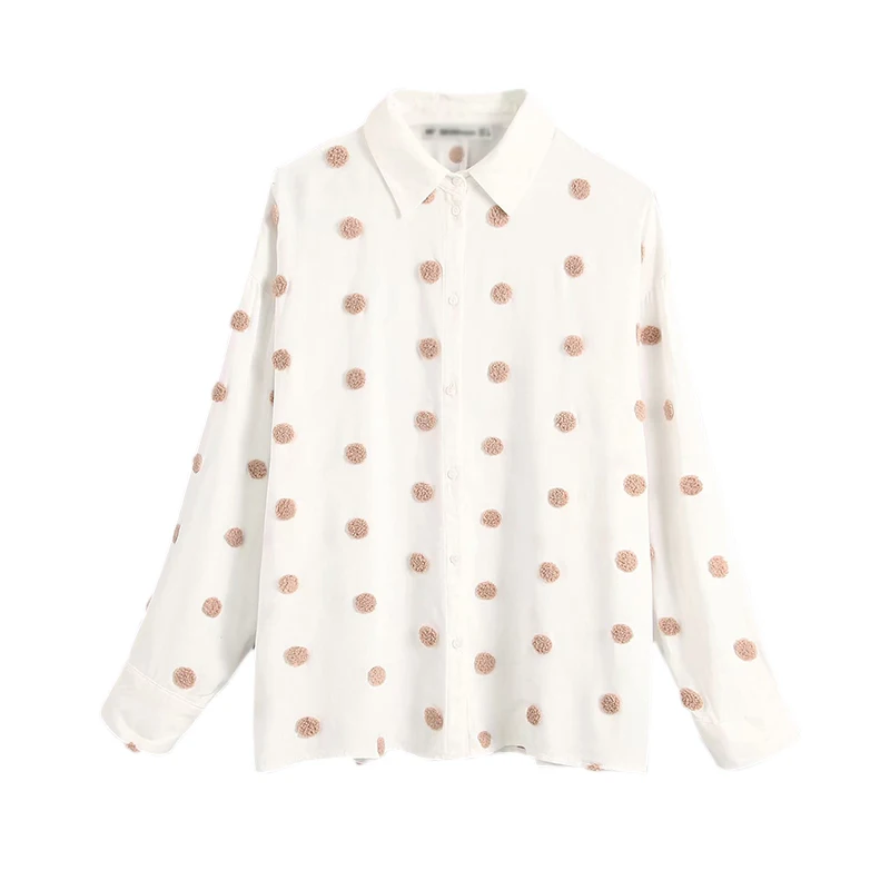 

Women Sweet Dots Decorate Long Sleeve Turn Down Collar Female Office Wear Shirts Loose Top FFZSY476
