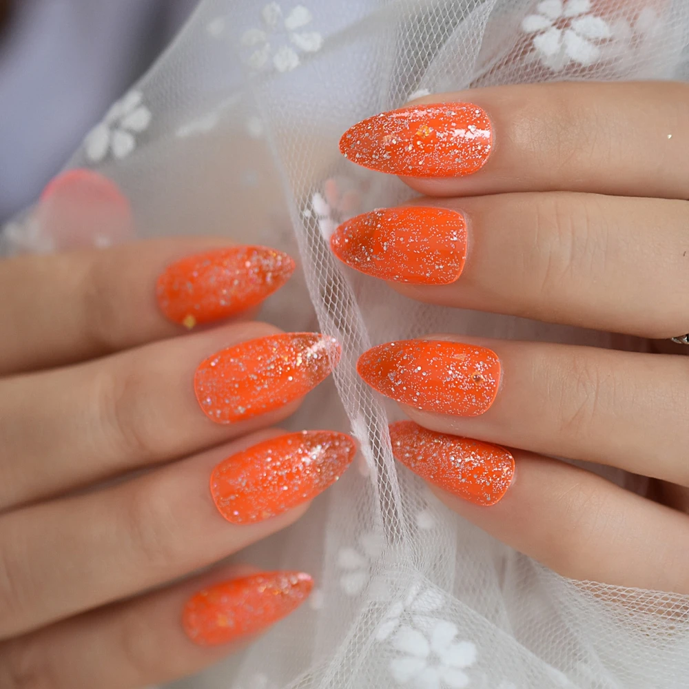 Orange Glitter Stiletto False Nails Jelly Neon Medium Press On Fingernails Transparent Tips Full Cover 24 Aliexpress Beauty Health