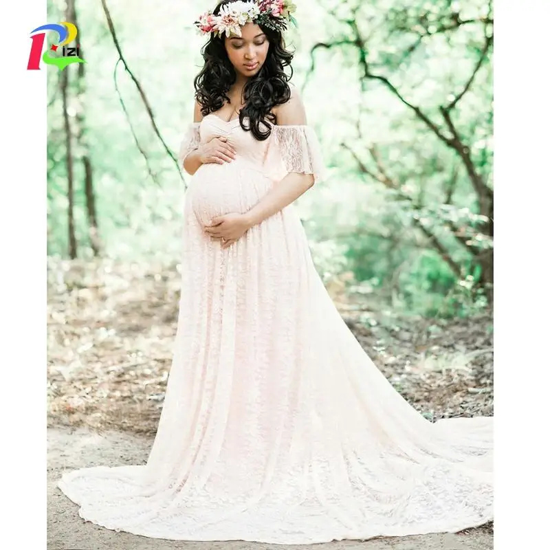 Comfortable Lace Maternity Dresses Fly Sleeve Tube Top Mop Short-sleeved Dress Maternity Photography Props Pregnancy Dress