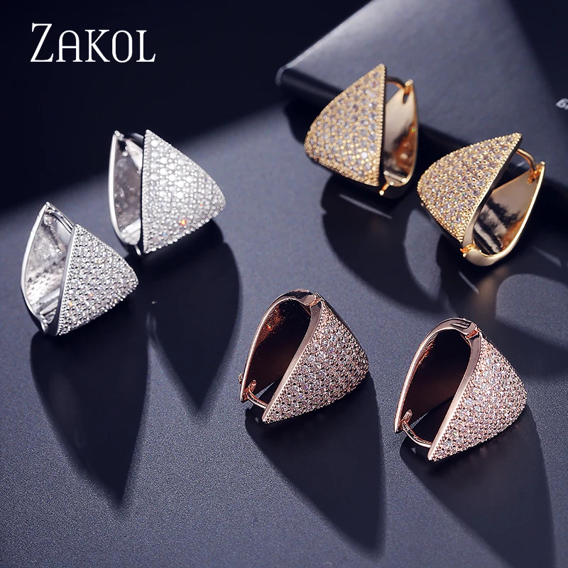 ZAKOL благородные женские/женские серьги-кольца, высокое качество, Кристалл циркония, микро инкрустация, ювелирные изделия, уникальные треугольные серьги FSEP600