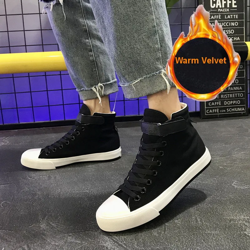 

New Winter High-top Canvas Shoes Men Women Korean Version Black Plus Velvet Warm Buckle Cotton Shoes Casual Shoes EUR 35-44