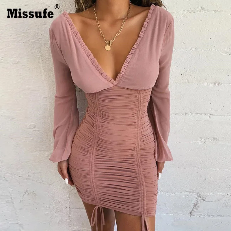 

Missufe Autumn Deep V Neck Long Sleeve Bodycon Dress Drawstring Vestidos Wrinkle Elastic Robe Backless Slim Women Dress Outfits