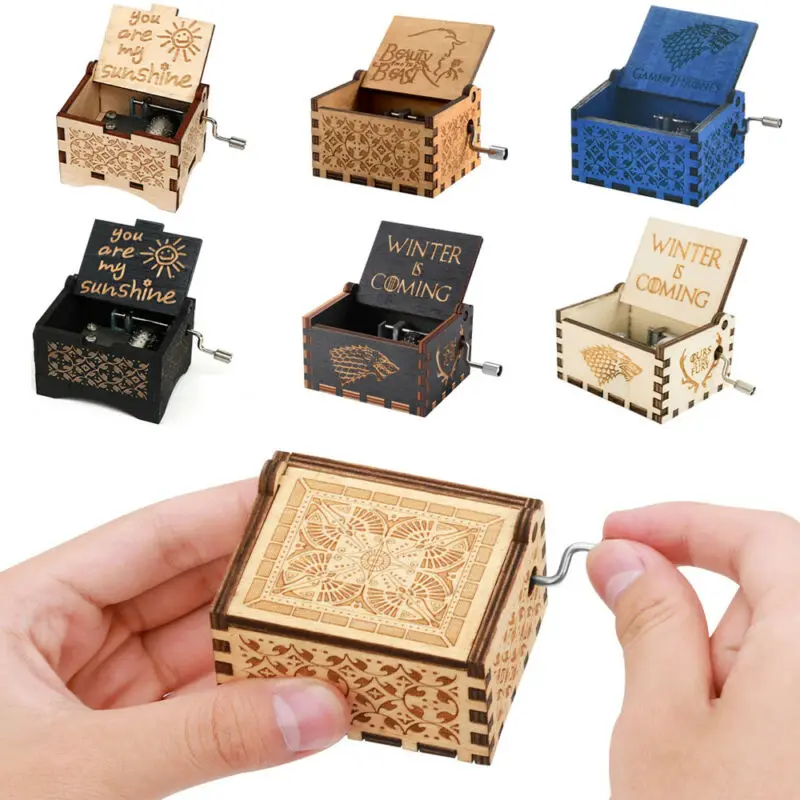 Retro Hand Crank Music Box Engraved Wooden Music Box InterestingToy Kids Gift 
