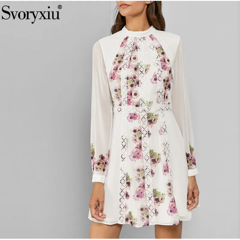 

Svoryxiu Chiffon Flower Print Patchwork Lace Embroidery Dress Women's Designer Autumn Long Sleeve Elegant Short Dress