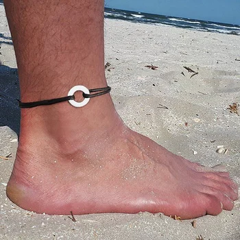 

CIRCLE CHARM ROPE ANKLETS FOR MEN BLACK ROPE WITH SILVER COLOR CIRCLE ADJUSTABLE BRACELET UNISEX JEWELRY