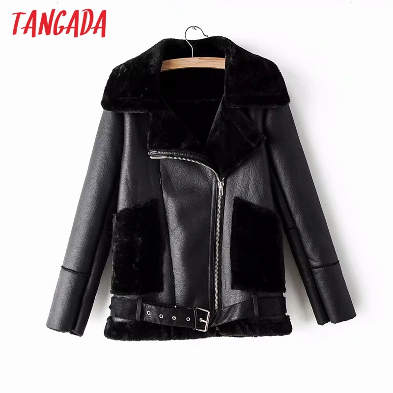 price reduction  Tangada Women fur faux leather jacket coat with belt turn down collar Ladies 2019 Winter Thick Warm