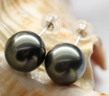 

stunning pair of AAA++ 10-11mm round Tahitian black pearl earring natural Luxury Ms. girl Wedding Jewelry