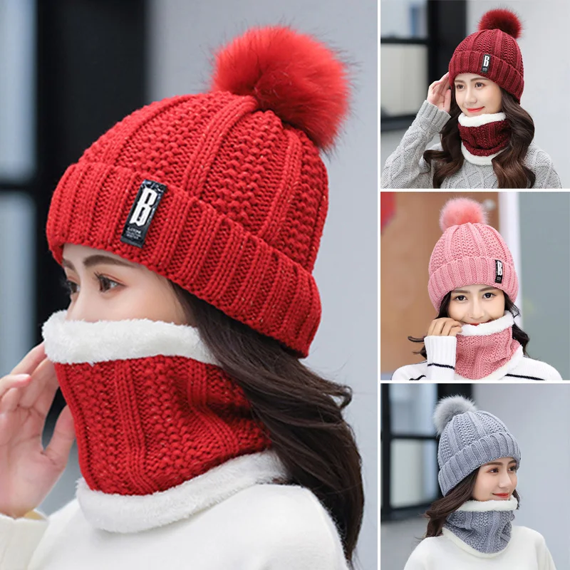 Intimate Design Women Winter Beanie PomPom Hat Thick Warm Soft Neck Warmer Knit Balaclava Soft Fabric Not Easy To Pilling