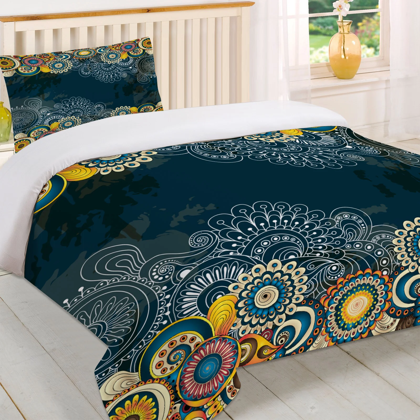 2PC Indian Ethnic Retro Flower Blue Pattern Duvet Cover Pillow Case Quilt Cover Set Bedclothes Single Bedding Sets For Bed