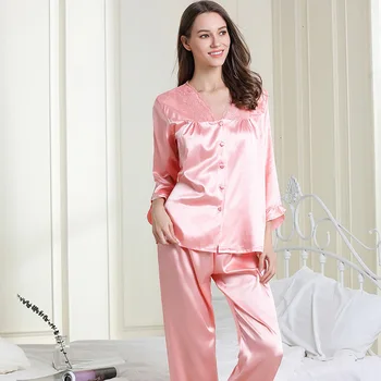 

Long Sleeve Trousers Loose High Quality Pajama Set V Lead Lace Sexy Pajamas Woman Simulation Silk Set Pyjamas