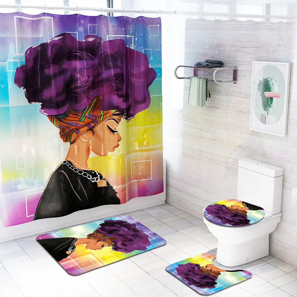 Ouneed 4PCS African explosion head Printd Bathroom Shower Curtains sets Non Slip waterproof Toilet Shower curtains Cover Mat set