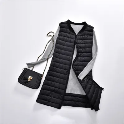 Women Duck Down Long Vest Ultra Light Portable Slim Waistcoat Female Stand Collar Sleeveless Down Jacket Black