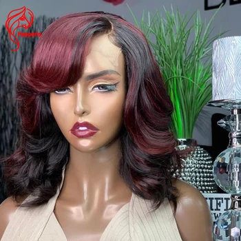 

Hesperis 99J Highlight Human Hair Wigs With Side Bang Brazilian Remy Hair Wave 5X5 Lace Closure Wigs Scalp Human Hair