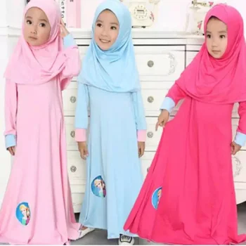

2PCs Hijab+dress Clothing Set Kids Girls Muslim Costumes Princess Cartoon Print Turkish Kaftan Islamic Arabic Gown Robe
