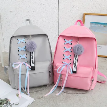

5pcs/set School Bag for Teenage Solid Backpack Schoolbag Women Student Bag Lace Bow Bundle Backpack Drop shipping