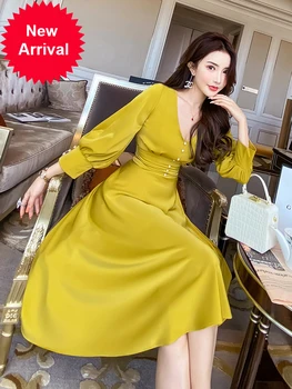 

Lantern sleeve dress 2020 new spring and autumn dress waist slimming elegant French socialite dress
