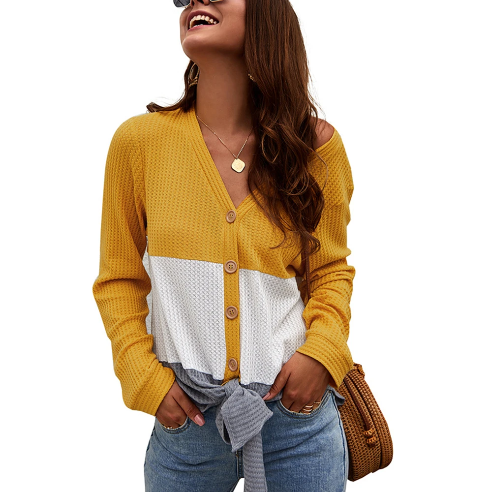 

Waffle Knit Tunic Tie Knot Blouse Tops Women V Neck Loose Knitwear Color Block Button Down Cardigan Shirts Sweater Female Autumn